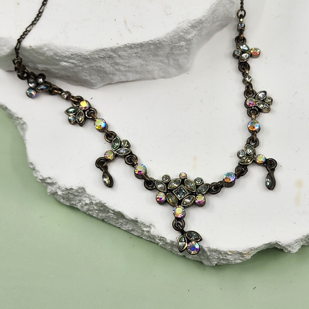 Aurora Borealis Rhinestone Floral Drop Necklace Antique Silver Tone Statement